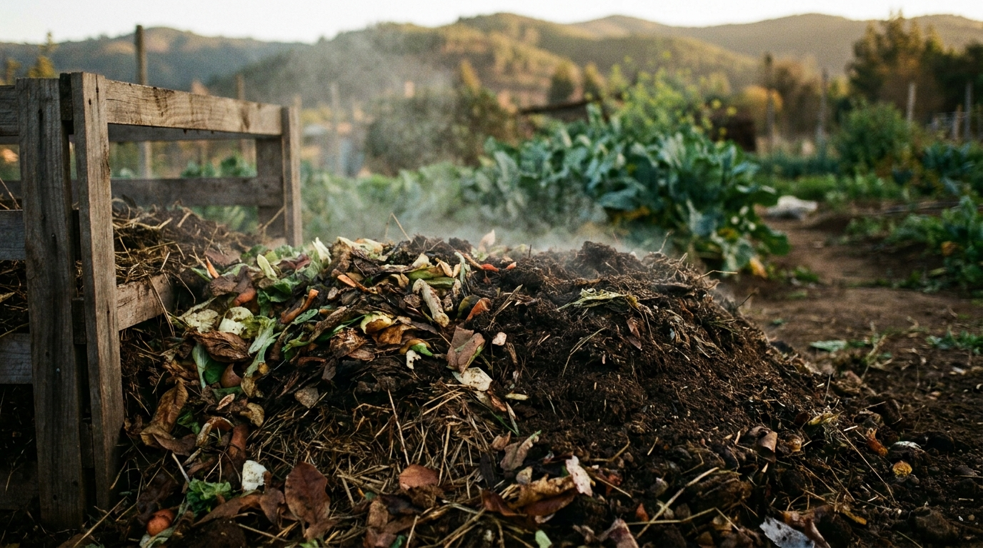 Pila de compost activa con vapor matinal en huerto orgánico chileno
