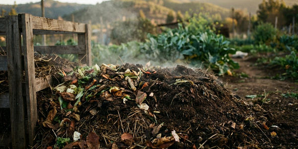 Pila de compost activa con vapor matinal en huerto orgánico chileno