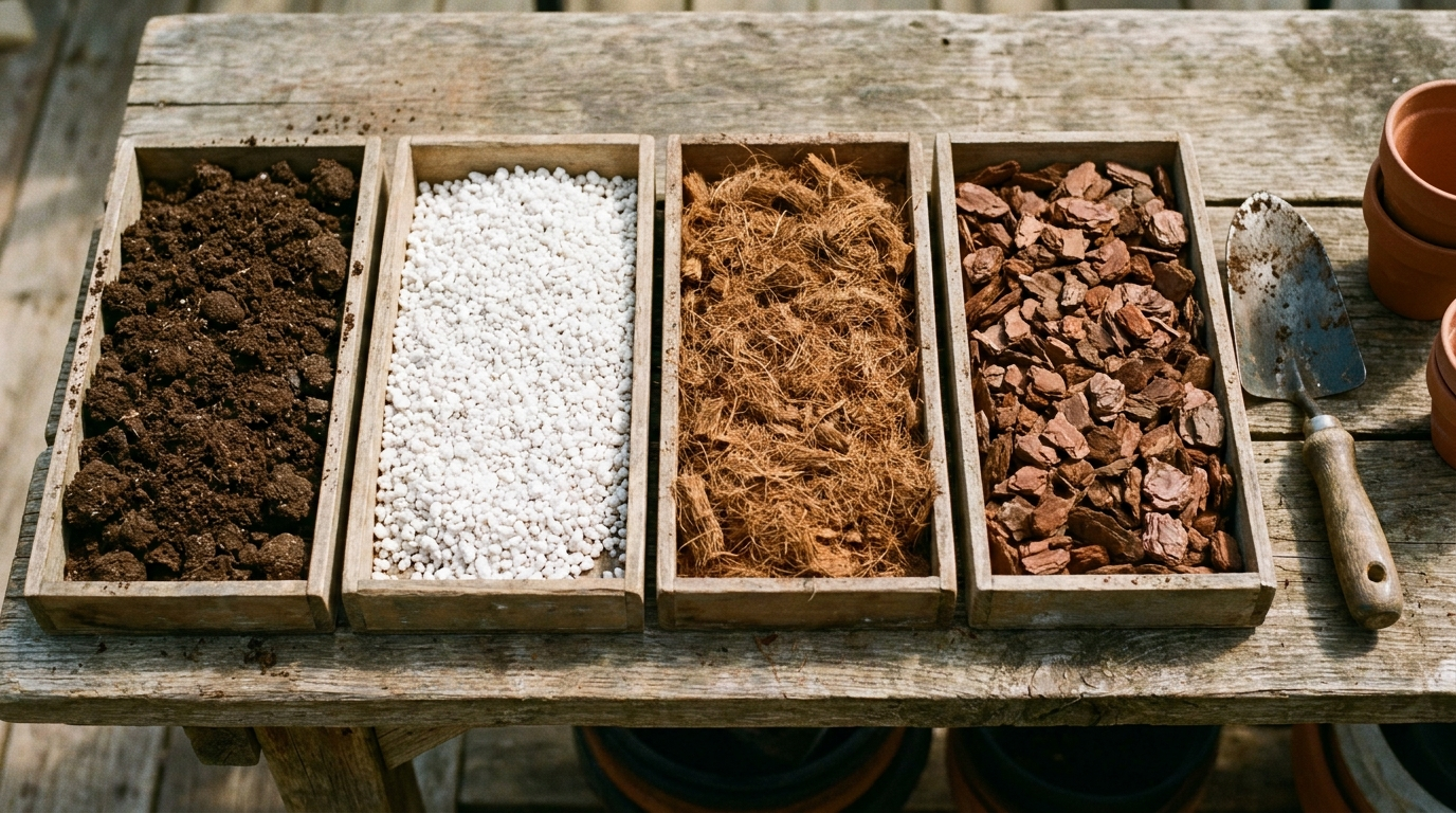 Cuatro tipos de sustrato para plantas en bandejas: turba, perlita, fibra de coco y corteza de pino