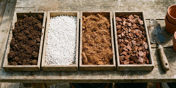 Cuatro tipos de sustrato para plantas en bandejas: turba, perlita, fibra de coco y corteza de pino