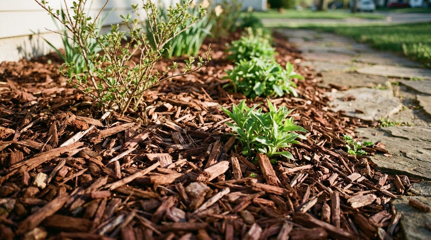 Cantero residencial con mulch de chips de madera marrón cubriendo el suelo y plantas emergiendo