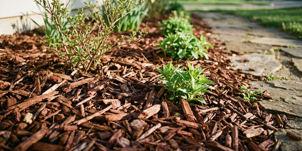 Cantero residencial con mulch de chips de madera marrón cubriendo el suelo y plantas emergiendo