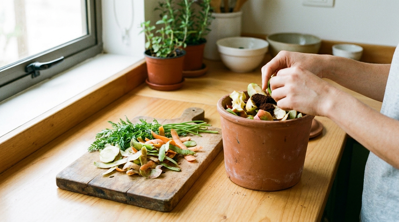 Separación de residuos orgánicos en cocina chilena con tabla de cortar y compostera de mesón