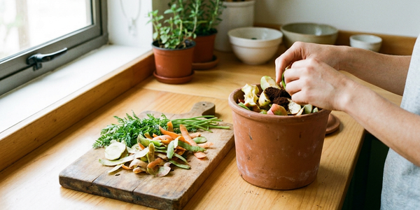 Separación de residuos orgánicos en cocina chilena con tabla de cortar y compostera de mesón