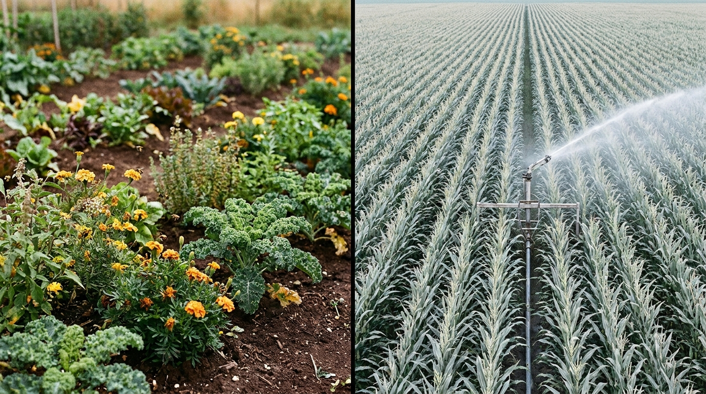 Comparación visual entre huerto orgánico diverso y monocultivo industrial con aplicación de agroquímicos