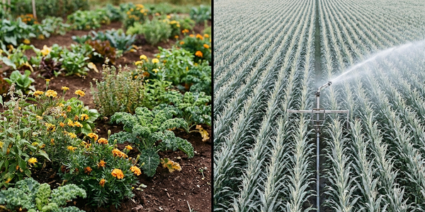 Comparación visual entre huerto orgánico diverso y monocultivo industrial con aplicación de agroquímicos