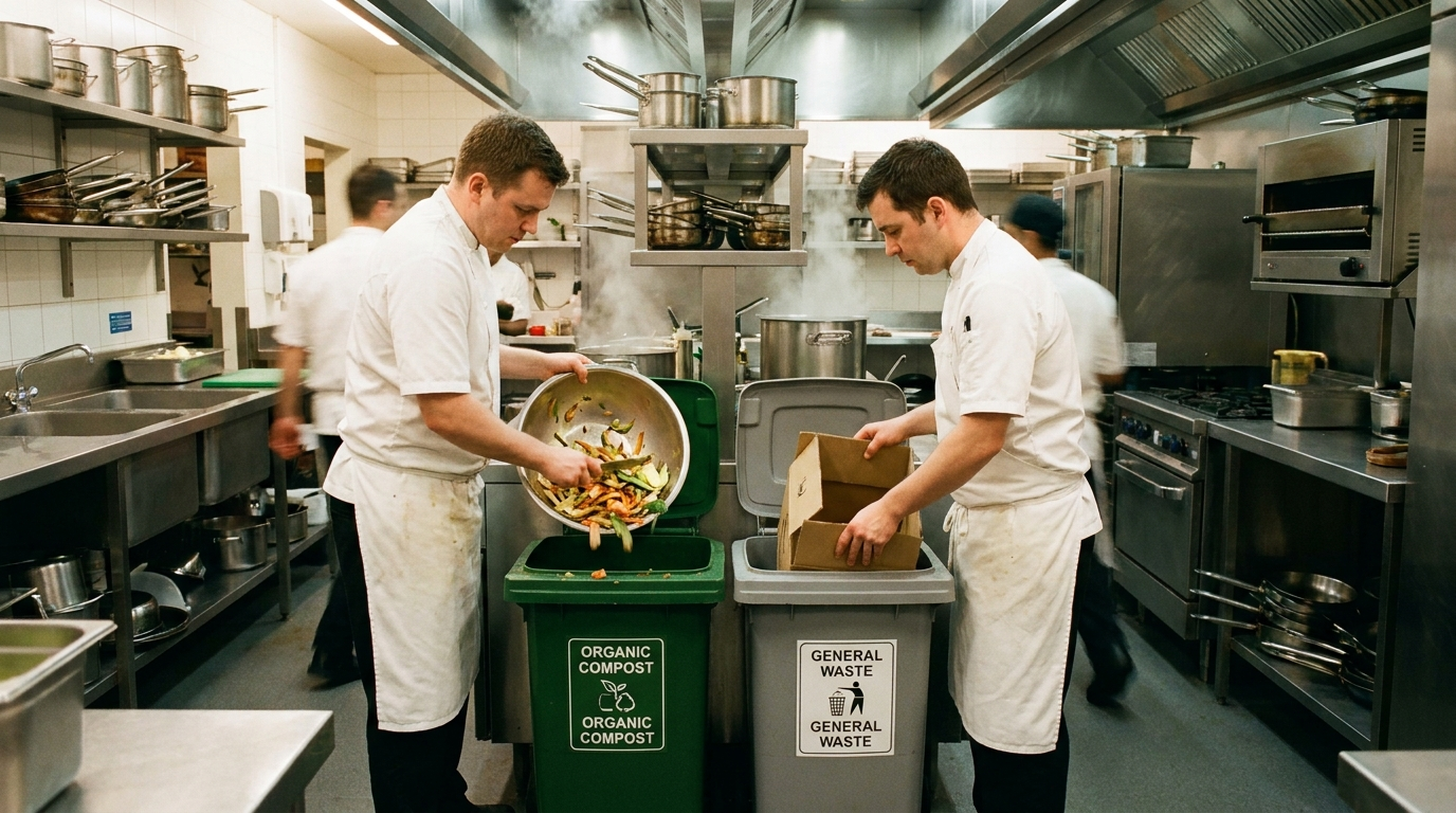 Cocina profesional de hotel con chefs separando residuos orgánicos en contenedores diferenciados