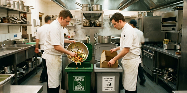 Cocina profesional de hotel con chefs separando residuos orgánicos en contenedores diferenciados