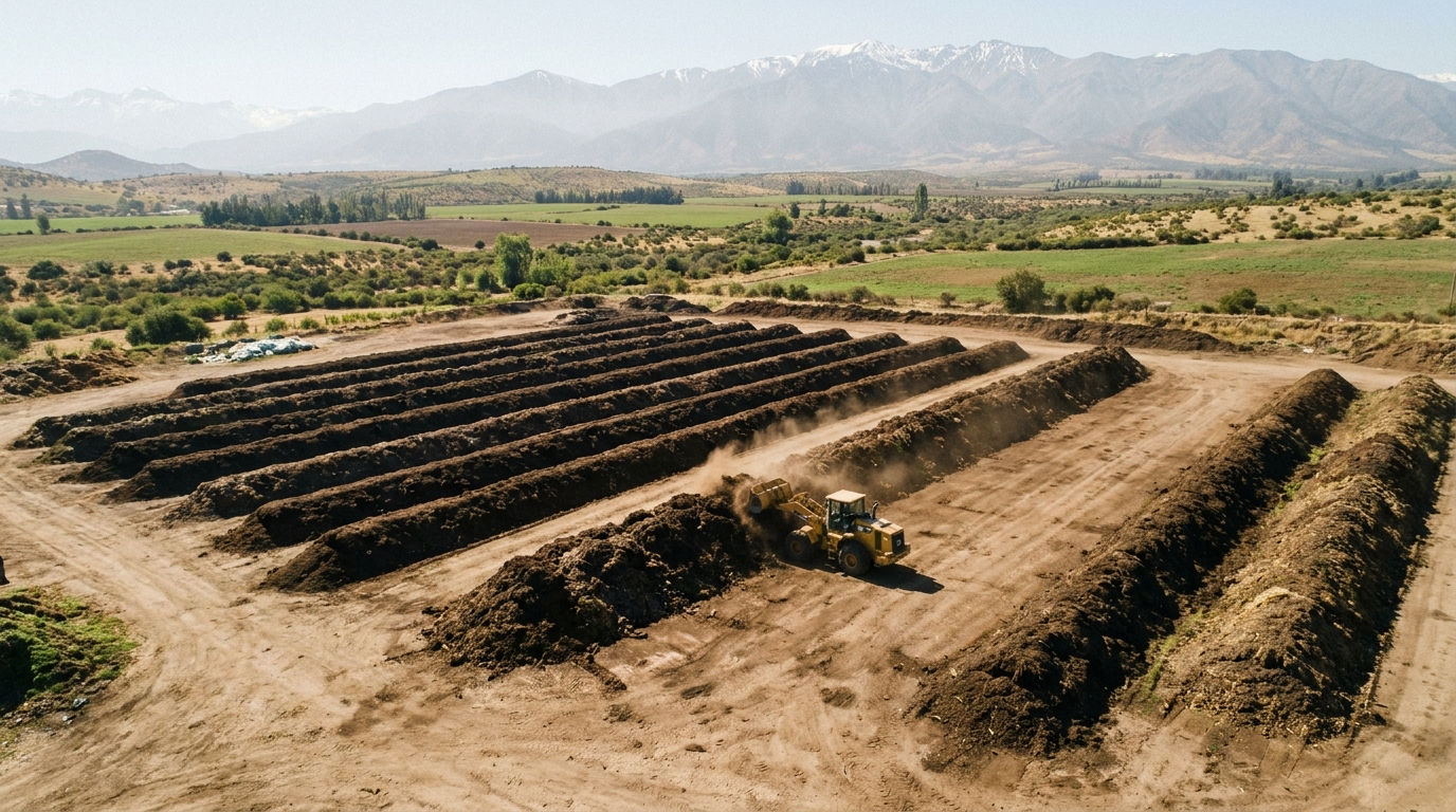 Vista aérea de planta de compostaje municipal con hileras paralelas en campo chileno y cordillera al fondo