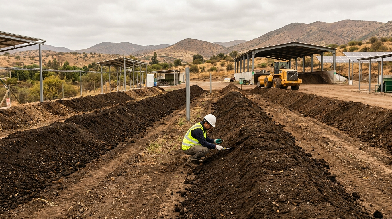 Planta de compostaje industrial de De Raíz: hileras de compost y operario inspeccionando el proceso