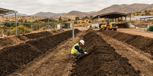 Planta de compostaje industrial de De Raíz: hileras de compost y operario inspeccionando el proceso