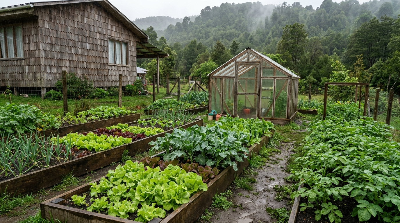 Huerto casero en el sur de Chile, verde y mojado por la lluvia, con un invernadero