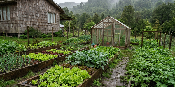 Huerto casero en el sur de Chile, verde y mojado por la lluvia, con un invernadero