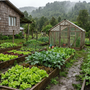 Huerto casero en el sur de Chile, verde y mojado por la lluvia, con un invernadero