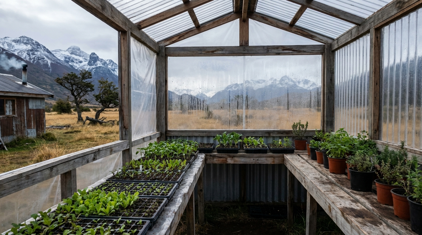 Invernadero casero en la Patagonia chilena con bandejas de almácigos y montañas nevadas al fondo