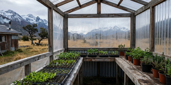 Invernadero casero en la Patagonia chilena con bandejas de almácigos y montañas nevadas al fondo